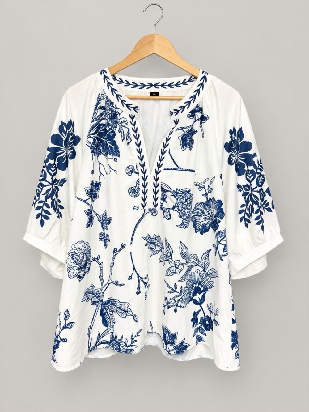 2XL White & Navy Floral Print Peasant Blouse